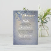 Rustieke String Lights Stoffig Blauw Bruiloft Deta Informatiekaartje (Staand voorkant)