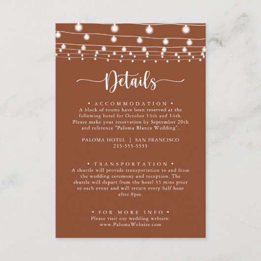 Rustieke String Lights Terracotta Bruiloft Details Informatiekaartje (Voorkant)