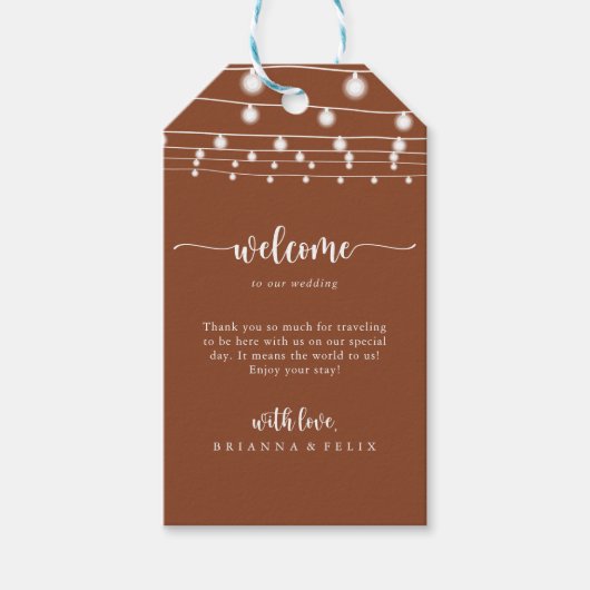 Rustieke String Lights Terracotta Bruiloft Welkom Cadeaulabel (Voorkant)