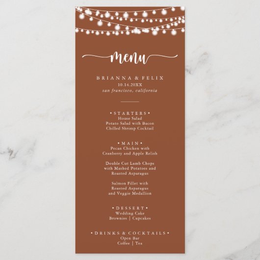 Rustieke String Lights Terracotta Diner Menu (Voorkant)