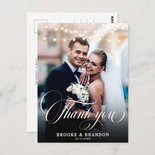 Rustieke String Lights Trouwfoto Dank u Briefkaart (Voorkant / Achterkant)