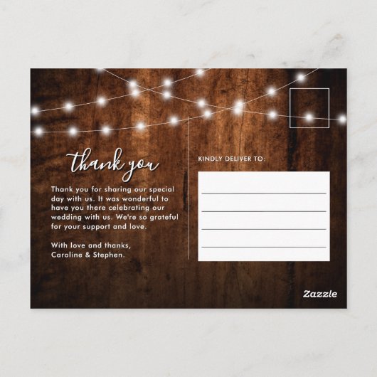 Rustieke String Lights & Wood Wedding Dank u Briefkaart (Achterkant)