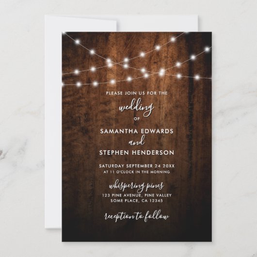 Rustieke String Lights & Wood Wedding Kaart (Voorkant)