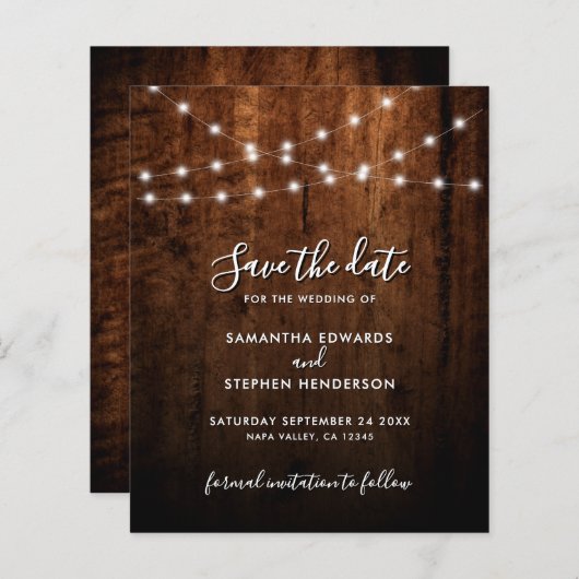 Rustieke String Lights & Wood Wedding Save The Dat (Voorkant / Achterkant)