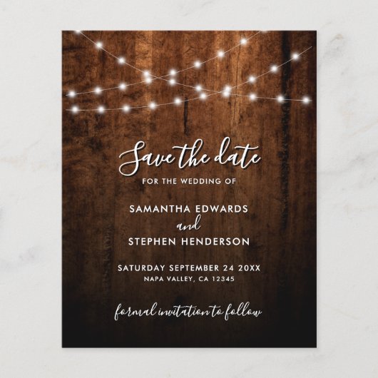 Rustieke String Lights & Wood Wedding Save The Dat (Voorkant)