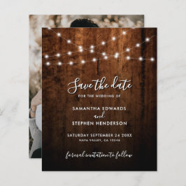 Rustieke String Lights & Wood Wedding Save The Dat