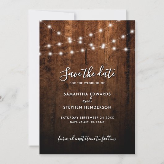 Rustieke String Lights & Wood Wedding Save The Date (Voorkant)