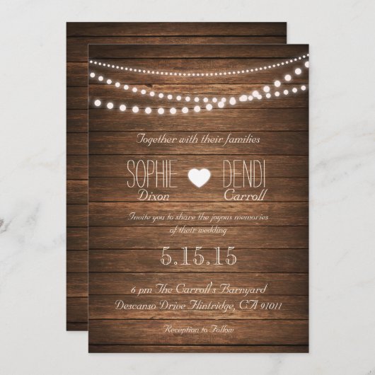 Rustieke String of Lights Bruiloft uitnodigen (Off Kaart (Voorkant / Achterkant)