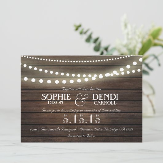 Rustieke String of Lights bruiloft uitnodiging (Staand voorkant)