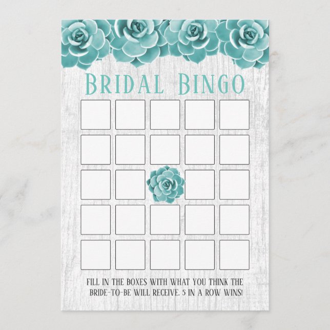 Rustieke Succulente Bloemige Bruiloft Bingo (Voorkant)