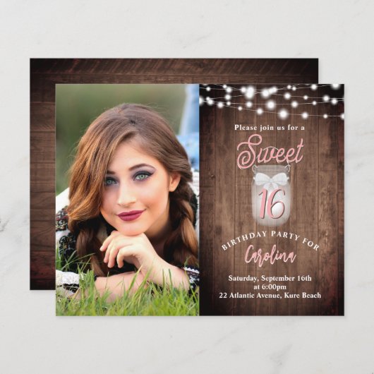 Rustieke Sweet 16 Mason Jar Lights Verjaardag Uitn (Voorkant / Achterkant)