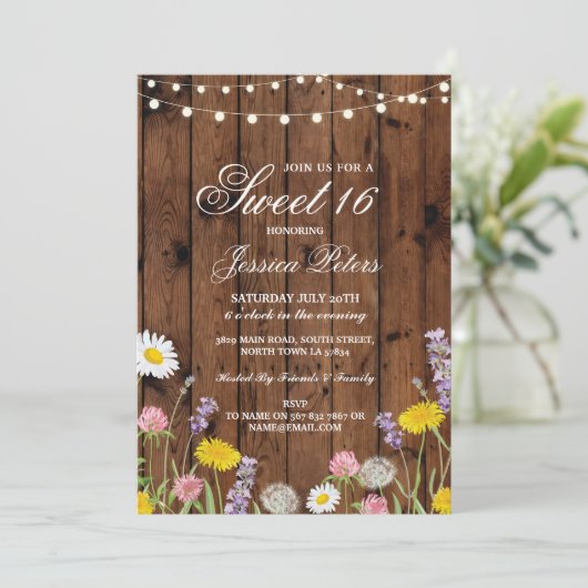 Rustieke Sweet 16 Party Bloemen Wilde Bloemen Uitn Kaart (Staand voorkant)