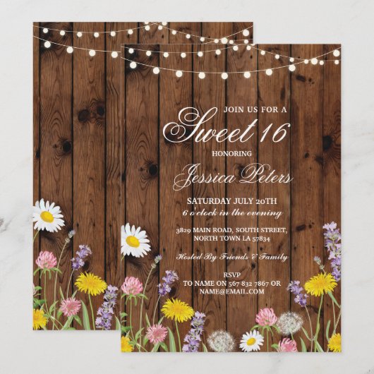 Rustieke Sweet 16 Party Bloemen Wilde Bloemen Uitn Kaart (Voorkant / Achterkant)