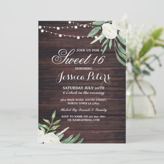 Rustieke Sweet 16 Party Bloemen Witte Bloem Uitnod Kaart (Staand voorkant)