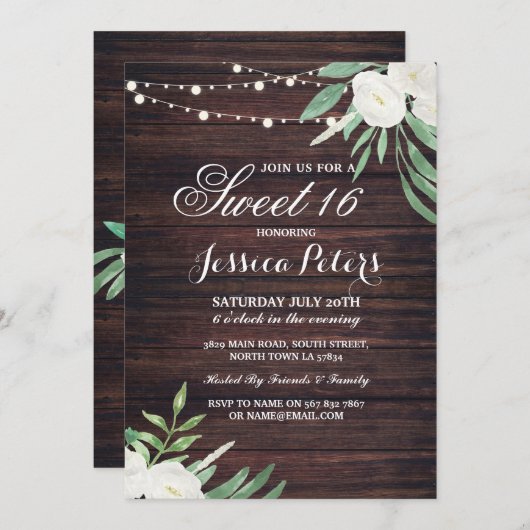 Rustieke Sweet 16 Party Bloemen Witte Bloem Uitnod Kaart (Voorkant / Achterkant)