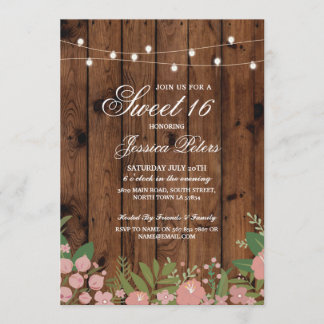Rustieke Sweet 16 Party Koraal Bloemen Hout Uitnod Kaart