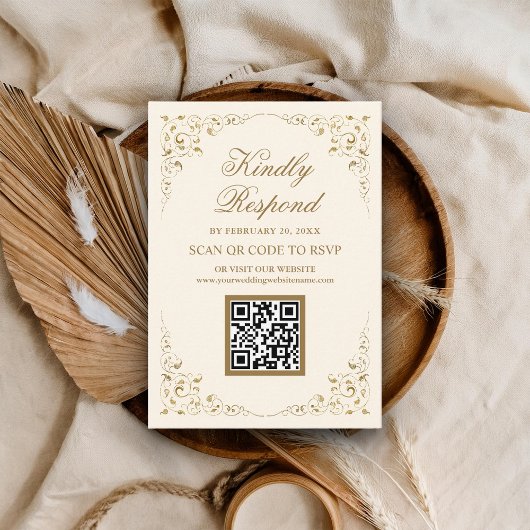 Rustieke Swirl Frame Crème Goud QR Code RSVP Trouw Informatiekaartje