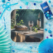 Rustieke tafel met wijn in een bos papieren bordje (Feest)