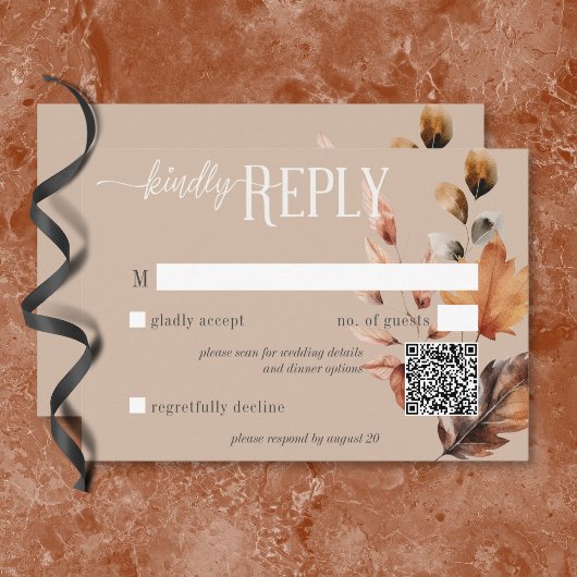 Rustieke Tan Cream & Bruine Herfst Bloemen QR Code RSVP Kaartje