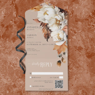 Rustieke Tan & Cream Herfst Bloemen & Bladeren QR  All In One Uitnodiging