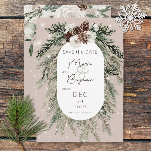 Rustieke Tan Pine Winter Sparkle Bruiloft Save The Date