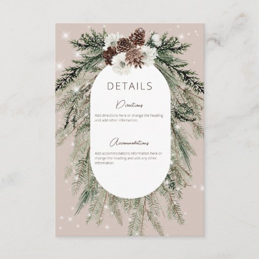 Rustieke Tan Pine Winter Sparkle Details Bruiloft Informatiekaartje (Voorkant)