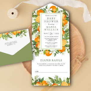 Rustieke Tangerine Citrus Sinaasappel Baby Shower All In One Uitnodiging