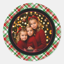 Rustieke Tartan Plaid Kerstmis of Vakantie Foto Ronde Sticker