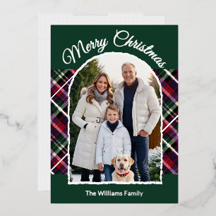Rustieke Tartan Schotse Plaid Boog Foto Groen Kers Folie Feestdagenkaart