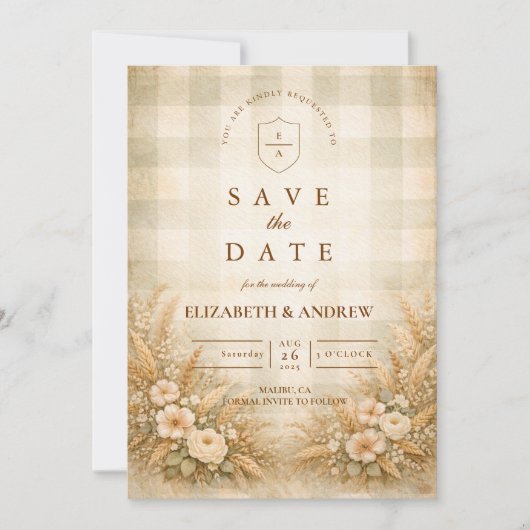 Rustieke tarwe- en wilde bloementuinbruiloft save the date (Voorkant)