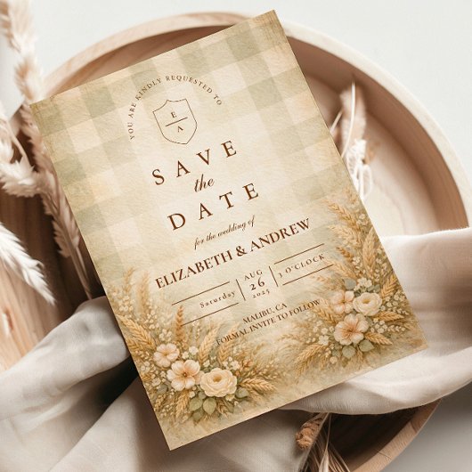 Rustieke tarwe- en wilde bloementuinbruiloft save the date