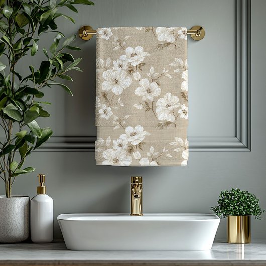 Rustieke Taupe Witte Bloemen Neutrale Badhanddoek Bad Handdoek