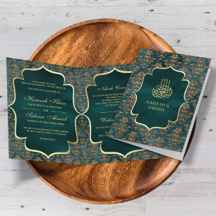 Rustieke Teal Gouden Damast Moslim Bruiloft