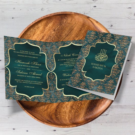 Rustieke Teal Gouden Damast Moslim Bruiloft
