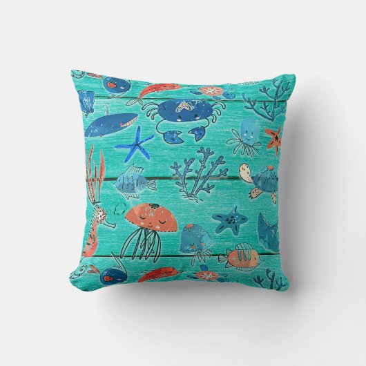Rustieke Teal Hout & Onder de Zee Vrienden Whimsic Kussen (Voorkant)