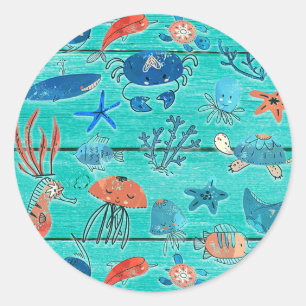 Rustieke Teal Hout & Onder de Zee Vrienden Whimsic Ronde Sticker