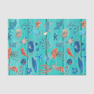 Rustieke Teal Hout & Onder de Zee Vrienden Whimsic Tissuepapier