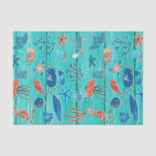 Rustieke Teal Hout & Onder de Zee Vrienden Whimsic Tissuepapier (Voorkant)