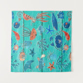 Rustieke Teal Hout & Onder de Zee Vrienden Whimsic Wandkleed (Voorkant (horizontaal))