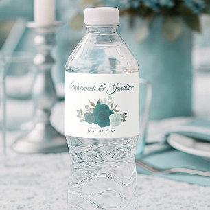 Rustieke Teal & Turquoise Elegante Rozen Bruiloft Waterfles Etiket
