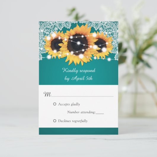 Rustieke Teal Zonnebloem Bruiloft RSVP Kaartje (Staand voorkant)