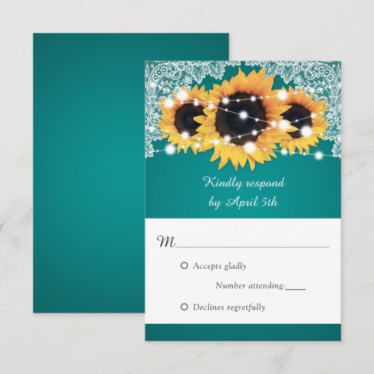Rustieke Teal Zonnebloem Bruiloft RSVP Kaartje (Voorkant / Achterkant)