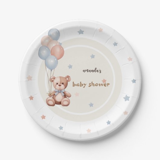 Rustieke Teddy Bear Balloons Baby shower Papieren Bordje (Voorkant)