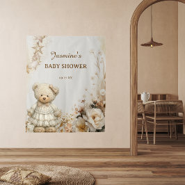 Rustieke Teddybeer Bloemen Baby shower Achtergrond Wandkleed
