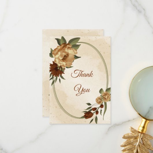 Rustieke terracotta aardetoon bloemig bedankkaart (Voorkant / Achterkant in situ)