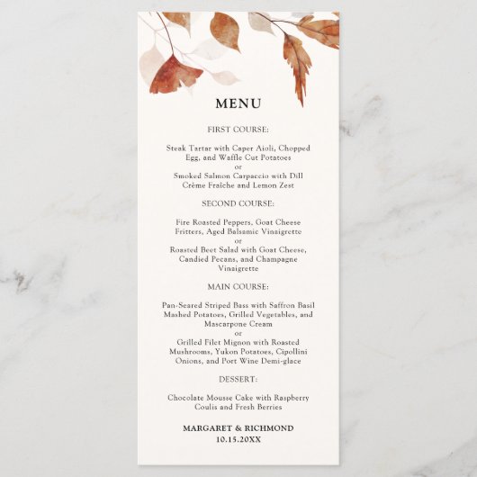 Rustieke Terracotta Bladeren Herfst Trouwmenu Menu (Voorkant)