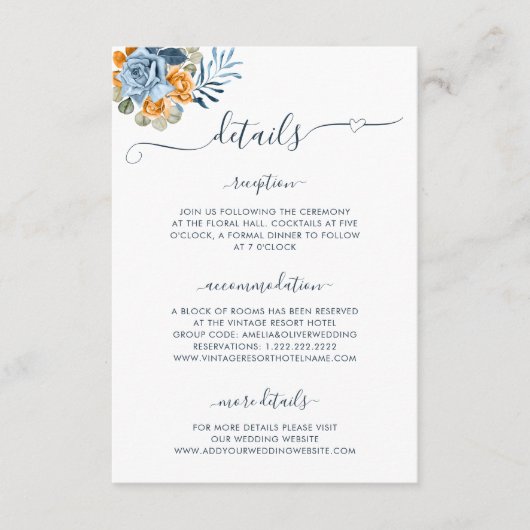 Rustieke terracotta blauwe bloem herfst bruiloft d informatiekaartje (Voorkant)