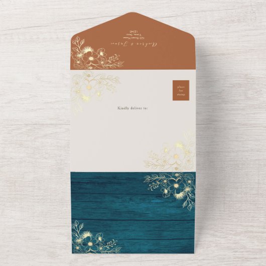 Rustieke Terracotta Blauwgroen herfstbruiloft All In One Uitnodiging (Buitenkant)