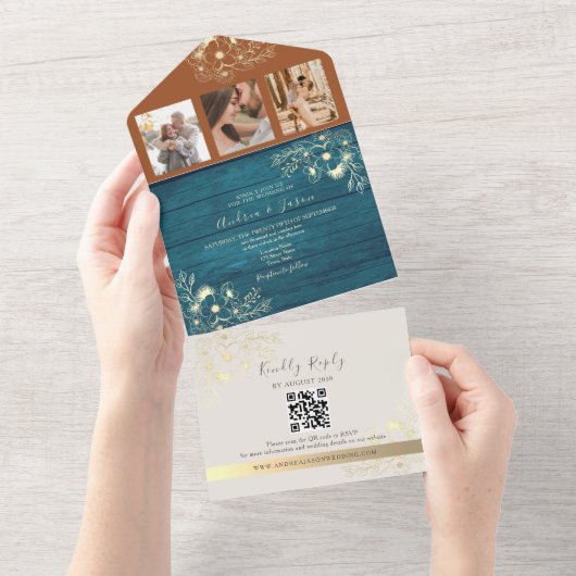 Rustieke Terracotta Blauwgroen herfstbruiloft All In One Uitnodiging (Afscheurbaar)