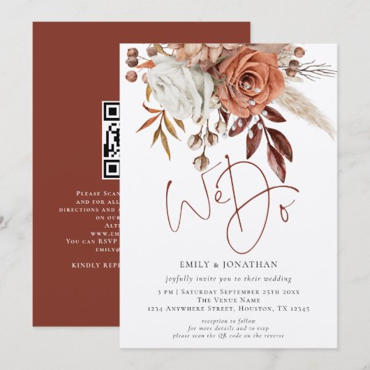 Rustieke Terracotta Bloemen Doe QR Code Bruiloft Kaart (Voorkant / Achterkant)